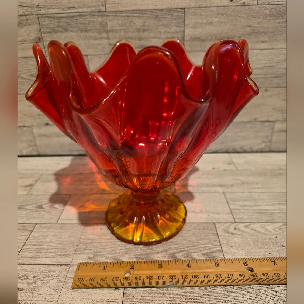 Vintage Art Glass Ruffled Pedestal Bowl - Red and Amber